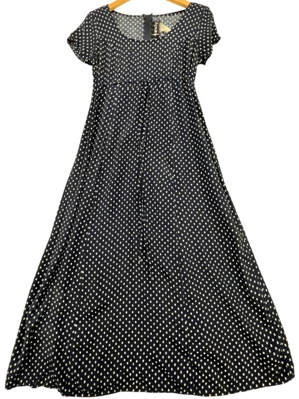 All That Jazz Women's Back Zip Maxi Dress Short Sleeve Navy White Polka Dot